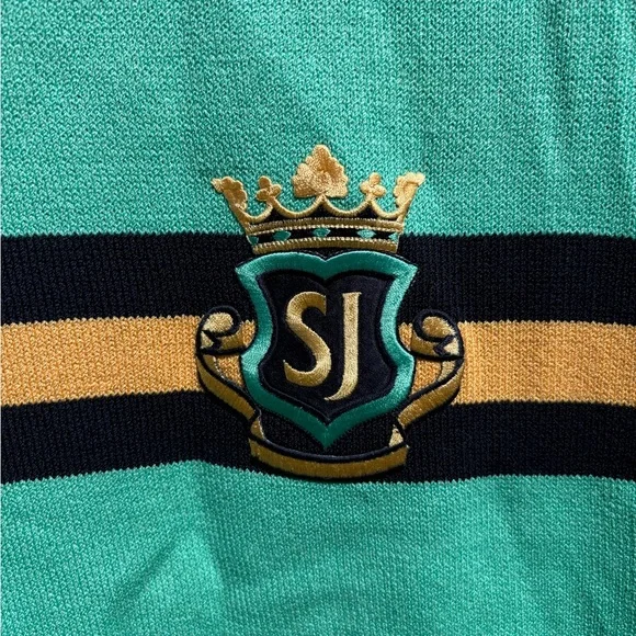 Vintage St. John collection green Teal knit Sweater with Crest and Stripes - Picture 2 of 7